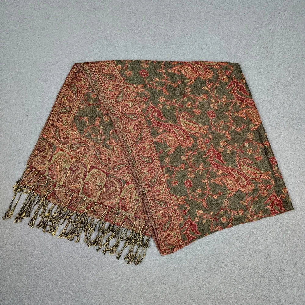 Cashmere Silk Scarf Shawl Paisley Sage Red Fall Vibes Fringe XL 27x72 Pashmina